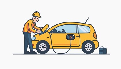 Naklejka premium A cute cartoon Style ofA technician performing maintenance on an electric car's motor