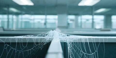 Labor Shortage and Vacancy Reflected in Empty Office Cubicle Covered in Spider Webs. Concept Labor Shortage, Office Cubicle, Vacancy, Empty, Spider Webs