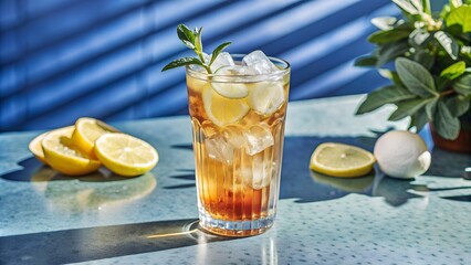 Fototapeta premium Iced tea with lemon and ice in a tall glass refreshing drink or lemonade on a hot summer day, on bar background.