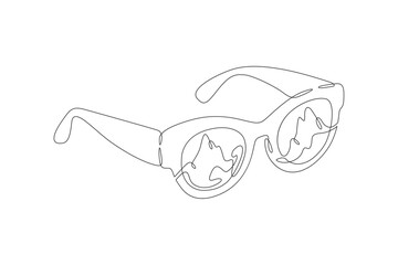 Beautiful classic glasses. Mountain landscape is reflected in the glasses. High peak.One continuous line drawing on a white isolated background. Minimalism linear illustration.