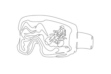 Motocross glasses. A sportsman motorcyclist rides on the track. Reflection of a biker in glasses. One continuous line drawing on a white isolated background. Minimalism linear illustration.