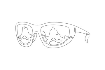 Beautiful classic glasses. Mountain landscape is reflected in the glasses. High peak.One continuous line drawing on a white isolated background. Minimalism linear illustration.