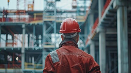 Construction Worker in Hard Hat at Bustling Industrial Construction Site with Heavy Machinery