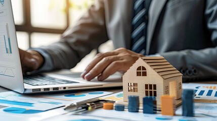 Fototapeta premium Businessman Analyzing Real Estate Finance Data and Digital Models on Laptop in Sophisticated Office