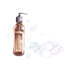 Dispenser and soap bubbles in watercolor illustration on a white background. Hand drawn illustration of foam soap bottles for advertising spa, hamam, Turkish bath, Finnish sauna, cosmetic salons.