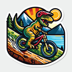 dinosaur riding a bike with mountain
