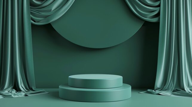The circular podium, surrounded by luxurious emerald curtains, provides a sophisticated venue for events, showcasing artistic arrangements and stylish backdrops to create a graceful setting