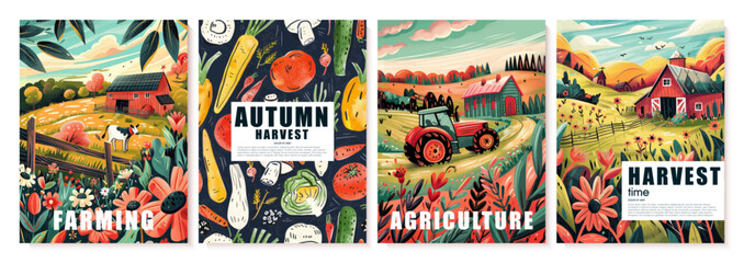 Obraz premium Time for harvest, autumn harvest. Set of vector illustrations of gardener, fields, tractor, vegetables, farm, harvest, nature. Drawings for flyers, promotional materials, posters, cards and other desi