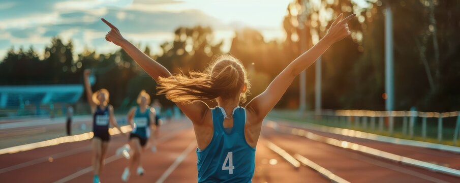 Female track and field athlete jubilantly celebrates victory, capturing the essence of triumph and dedication in a stadium setting. Free copy space for text.