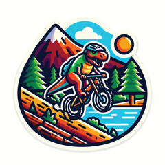 dinosaur riding a bike with mountain
