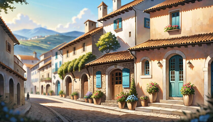 Fototapeta premium A picturesque street in a Mediterranean village, featuring charming houses, vibrant flowers, and scenic mountain views in the background.