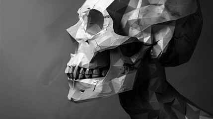 abstract design using geometric shapes to form skulls in monochrome or contrasting colors, emphasizing simplicity and impact