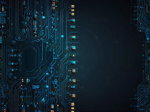 A blue circuit board, a close-up of its electronic components and winding pathways