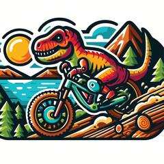 dinosaur riding a bike with mountain
