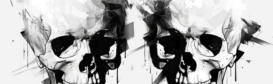 abstract design using geometric shapes to form skulls in monochrome or contrasting colors, emphasizing simplicity and impact