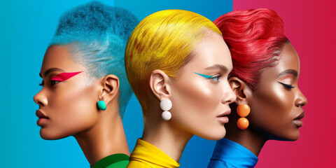 Obraz premium Three Fashion Models with Bold Makeup and Hairstyles