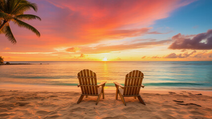 two sunchairs at tropical beach in sunset