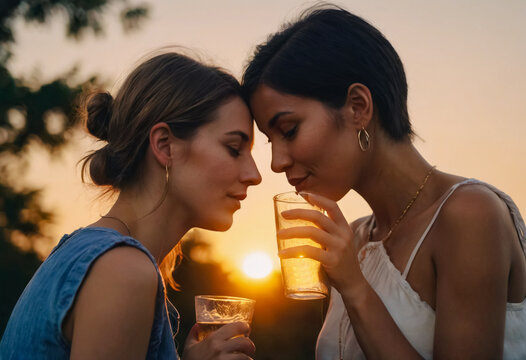 Two women are drinking from glasses and touching themselves with foreheads
