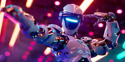 Fototapeta premium Robot or cyborg dabbing on the party. Andoid in dab pose. Cybernetic man with artificial inlligence dance in nightclub techno or electronic music. 3d Robot have bionic face, hands and body design