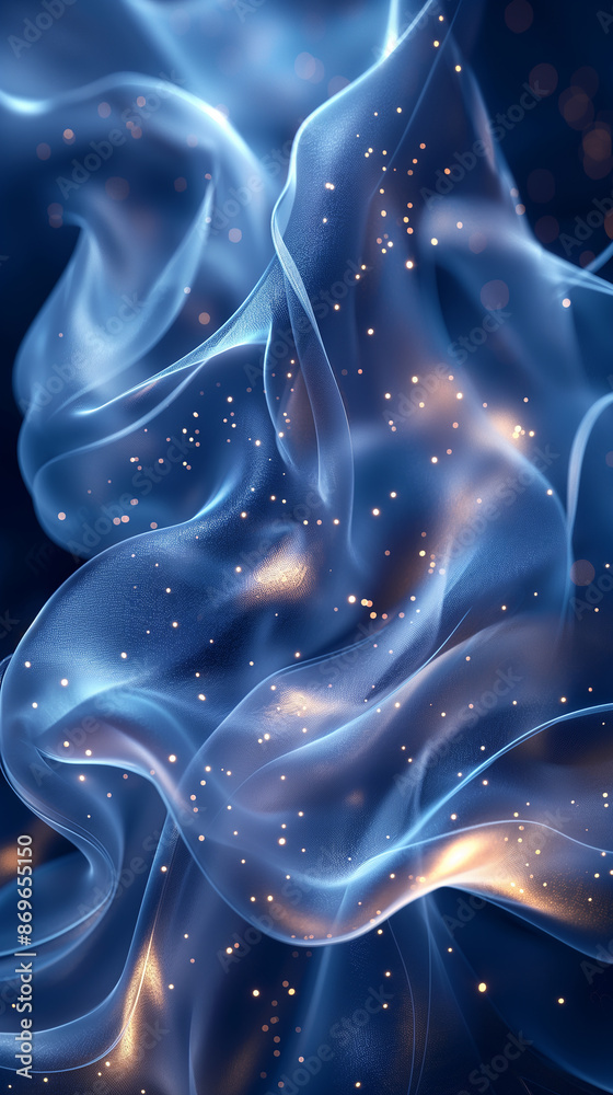 Poster abstract blue flowing fabric with golden particles floating in an elegant dance