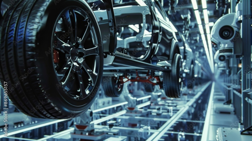 Poster a close-up view of a car wheel on an assembly line. the car is being assembled in a modern factory.