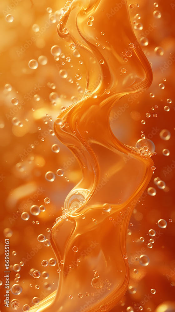 Poster abstract orange liquid splashing and flowing with bubbles