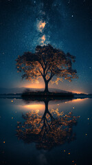 Naklejka premium Lonely tree reflecting in water under milky way galaxy