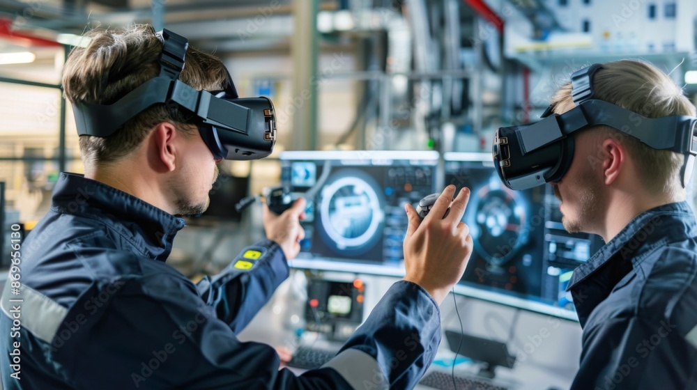 Fototapete Two workers wearing VR headsets interact with a computer screen in an industrial setting. They appear to be using virtual reality technology for training or simulation purposes.
