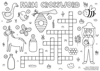Black and white crossword for kids with cute farm characters. Word search puzzle in outline. Educational game with beekeeper, goose, donkey, beehive and more. Vector illustration