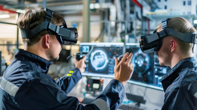 Two workers wearing VR headsets interact with a computer screen in an industrial setting. They appear to be using virtual reality technology for training or simulation purposes.