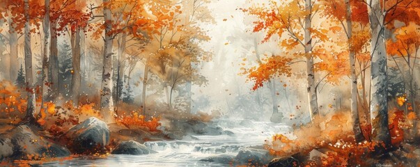 A serene autumn forest scene with orange and yellow foliage, a gentle stream flowing through the trees, and a misty background.