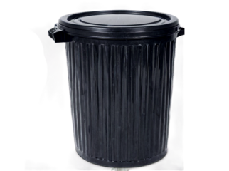 A black plastic trash can with a lid, isolated on a white background. The can has a ribbed design and is perfect for recycling or general waste