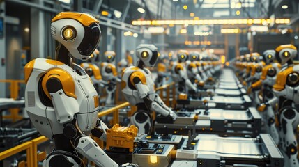 Fototapeta premium Futuristic factory floor filled with various robots performing tasks such as sorting, packaging, and transporting goods.