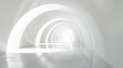 A futuristic, bright white tunnel with glowing lights. Clean lines and modern design in a sci-fi atmosphere.