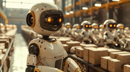 Group of robots efficiently sorting and packaging products in a large distribution center, illustrating modern logistics.