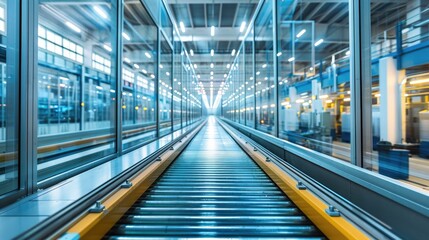 Fototapeta premium High-tech industrial facility with a sleek conveyor belt system, glass walls, and bright lighting, emphasizing precision and efficiency in manufacturing.