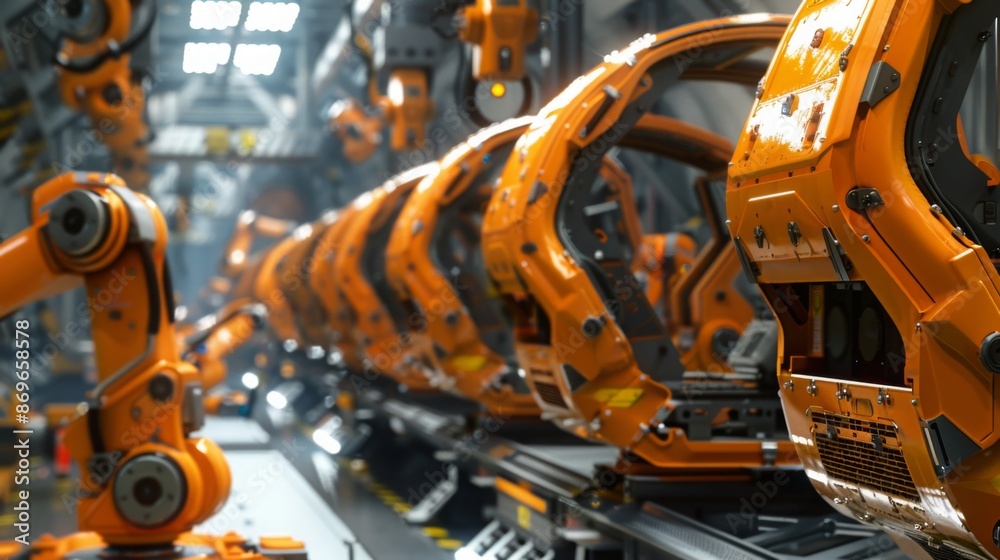 Poster A close-up view of multiple orange robotic arms working on an assembly line, showcasing the automation of modern manufacturing.