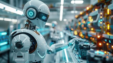 Fototapeta premium Robot is working in a factory. The robot is white and has a blue face. The robot is surrounded by many other robots and machines. The scene is futuristic and industrial