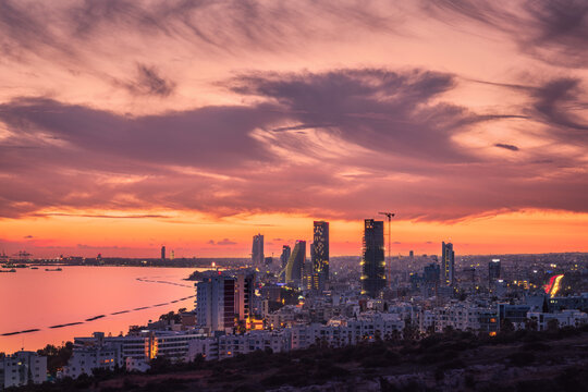 View of Limassol city with skyscrapers at sunset