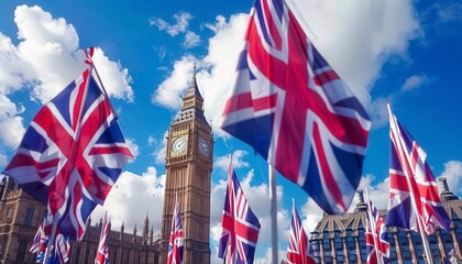 A group of British flags are flying in front of the Big Ben clock tower