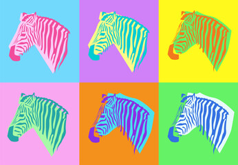 Zebra portrait in pop art style. Vector african zebra head in bright colors. Retro poster design