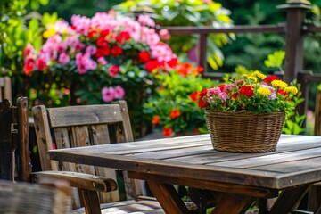 Wooden patio table with a wicker basket of colorful flowers and blooming garden in the background