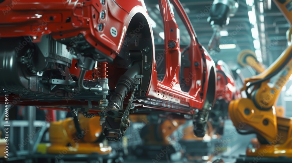 Poster a red car body is being moved along an assembly line by a robotic arm. the car is partially assemble