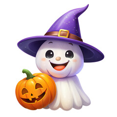 Adorable cartoon ghost in a purple witch hat holding a carved pumpkin with a friendly smile. Perfect for a fun Halloween theme.