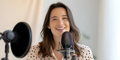 Creating Social Media Content Female Influencer Recording Podcast or Speaking into Camera. Concept Social Media Content, Female Influencer, Podcast Recording, Speaking into Camera