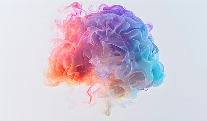 Fototapeta premium A vibrant and abstract representation of a human brain, featuring swirling, colorful wisps of smoke or energy. The mix of blues, purples, and oranges against a clean white background design