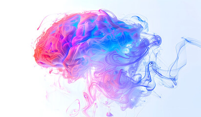 Fototapeta premium A vibrant and abstract representation of a human brain, featuring swirling, colorful wisps of smoke or energy. The mix of blues, purples, and oranges against a clean white background design