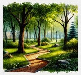 Fototapeta premium 나무,풍경,수채화,공원,산책로,봄,그림