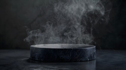 Black stone podium with smoke for product presentation on dark background