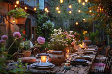 Outdoor dining table set for an evening meal with string lights and floral decorations